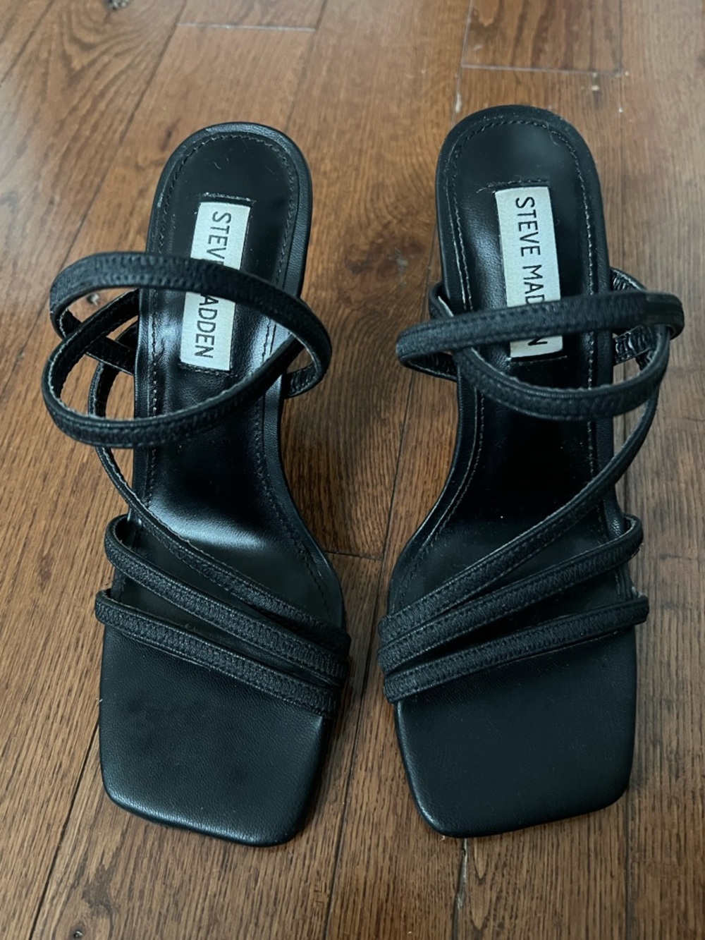 Steve Madden Black Multi-Strap Square-Toe Heeled Sandals